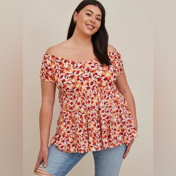 torrid Tops - Torrid Fabric Mix Knit Crinkle Gauze Off The Shoulder Smocked Bodice Top, 4X/26W